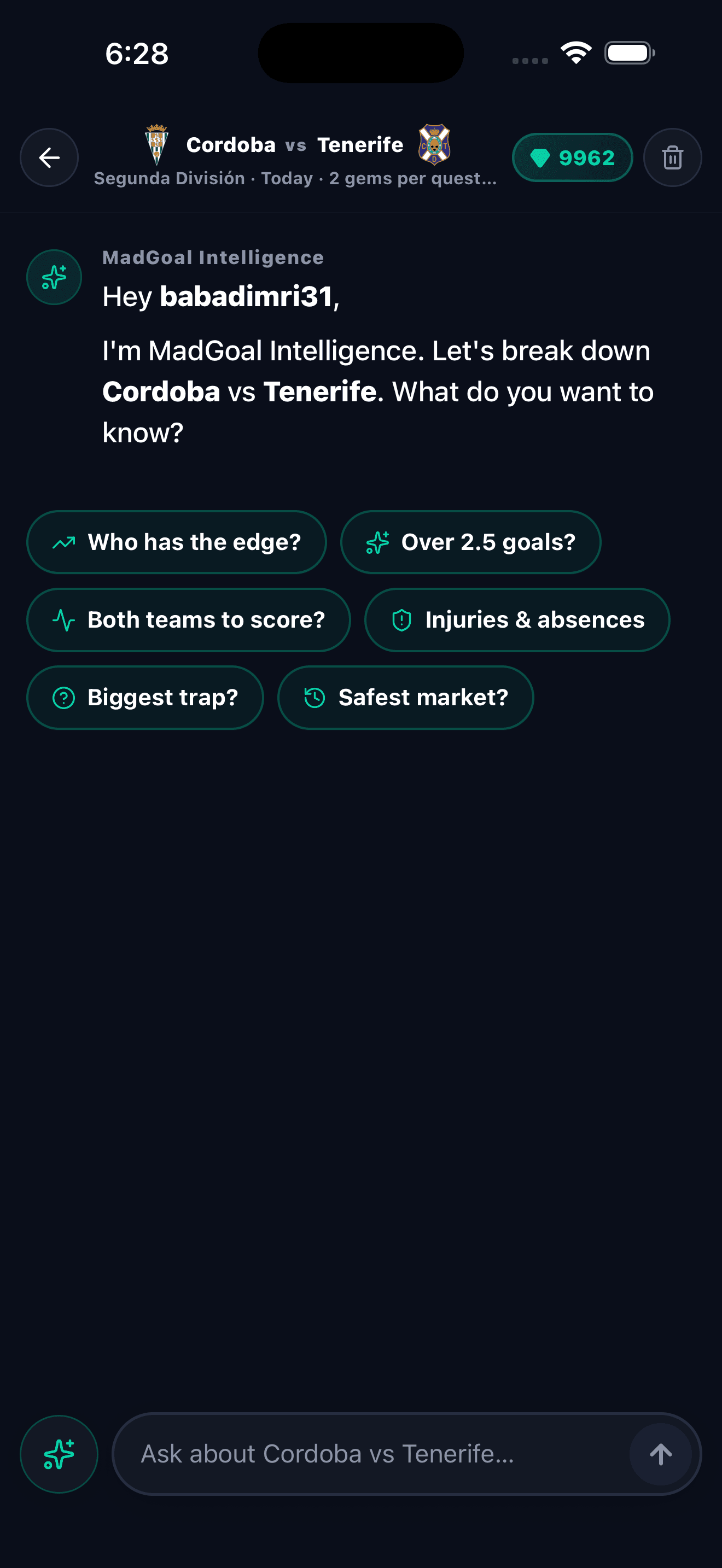 The MadGoal AI chat greeting a user with quick questions about the match