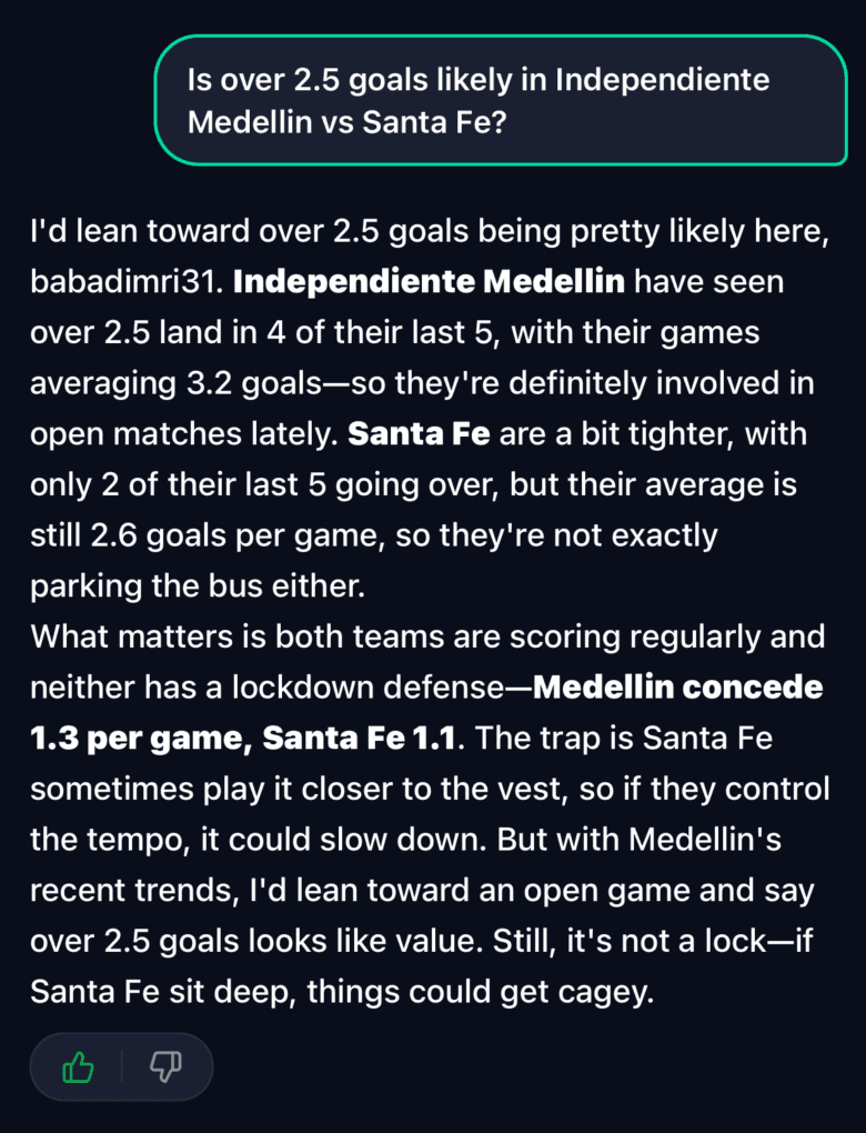 A question about over 2.5 goals and the AI's answer, with the key facts in bold and like and dislike buttons