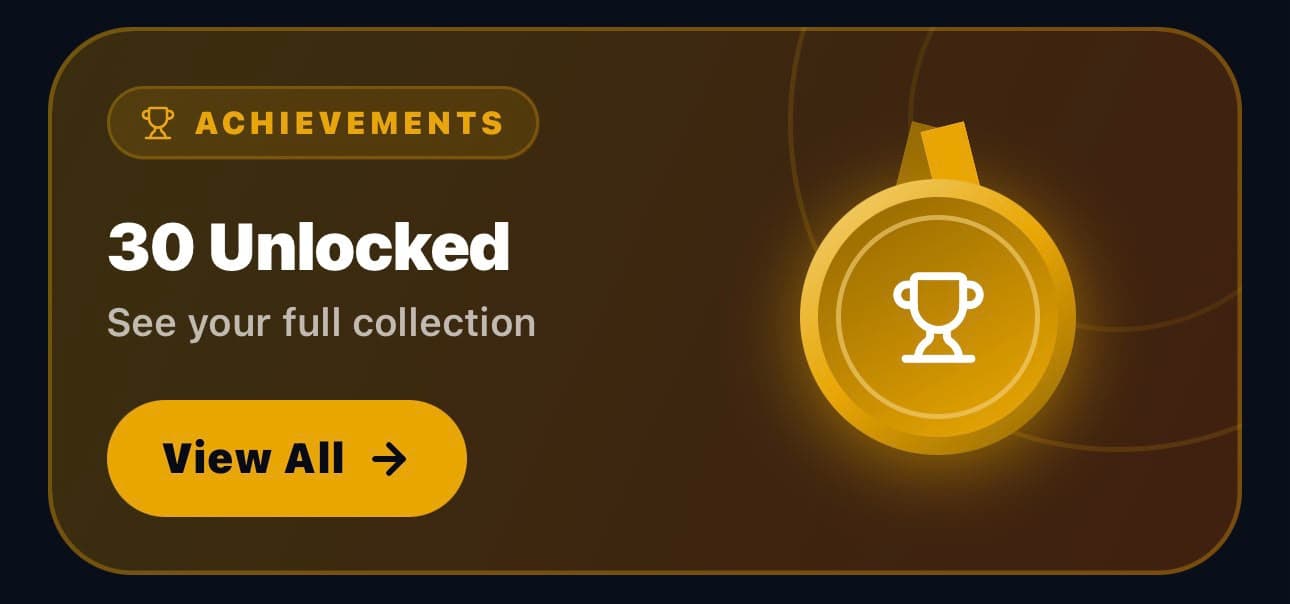 The Achievements card showing 30 unlocked medals
