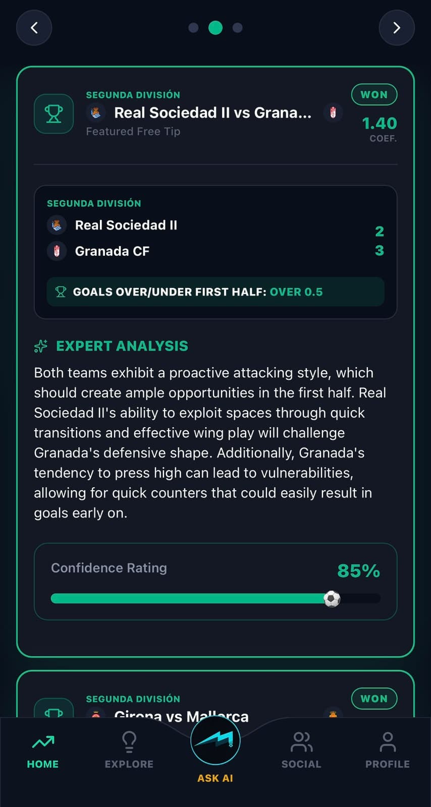 A free tip opened to show the pick, the expert analysis and the confidence rating