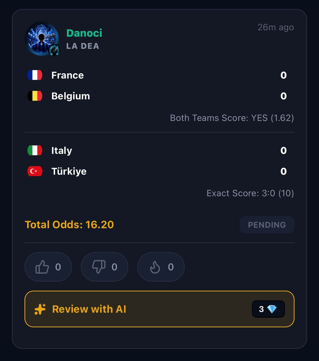 A community ticket with its picks, total odds, reactions and a Review with AI button