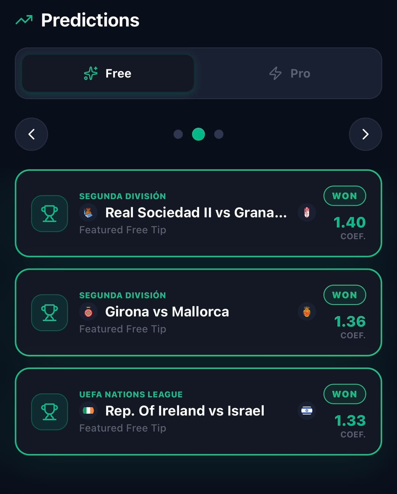 The Predictions screen listing featured free tips with their odds